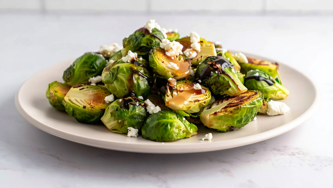 Air-Fried Brussels Sprouts with Balsamic-Honey Glaze and Feta