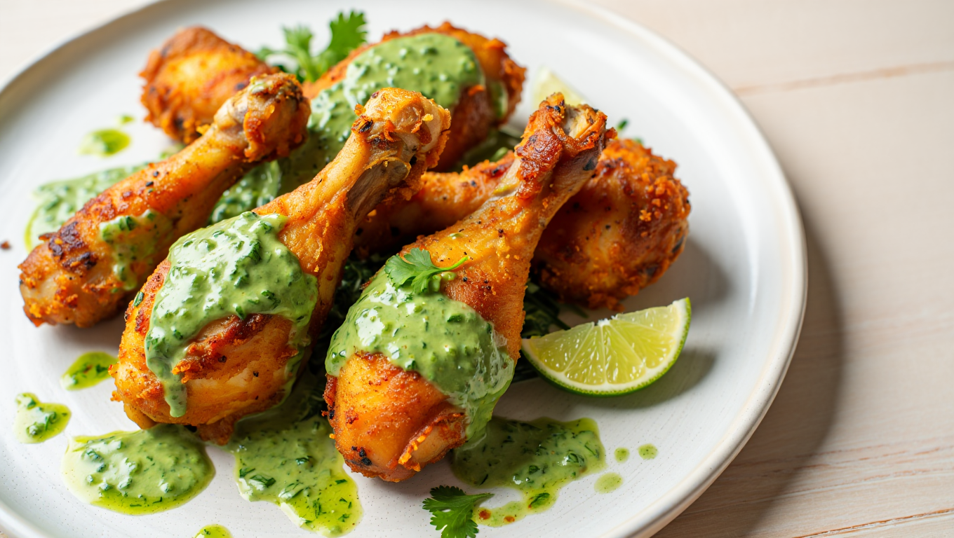 Air-Fried Peruvian Chicken Drumsticks with Cilantro-Lime Crema
