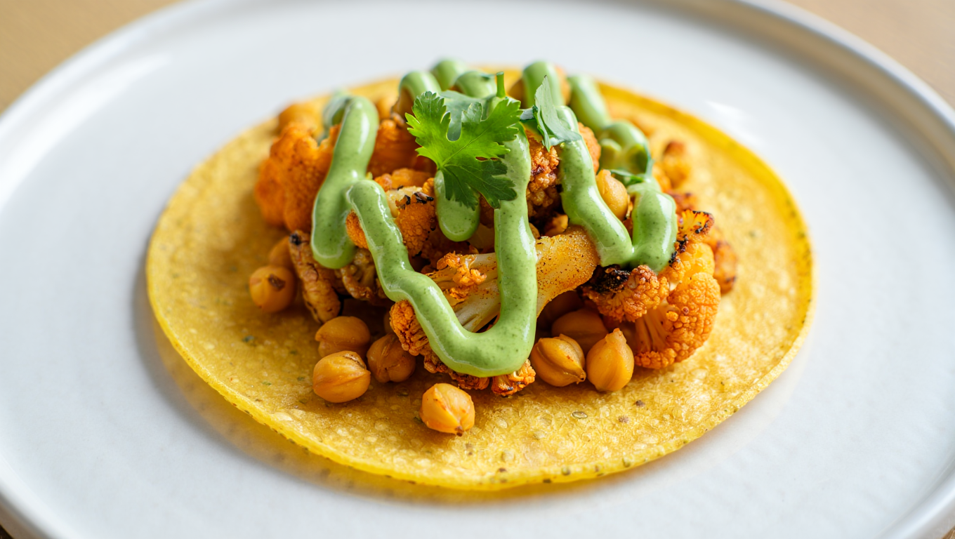 Air Fryer Cauliflower and Chickpea Tacos with Cilantro Sauce
