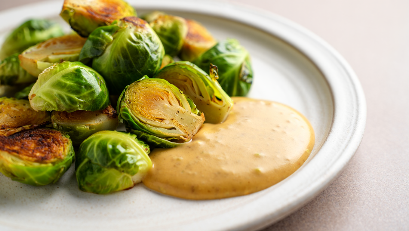 Air Fryer Crispy Brussels Sprouts with Maple-Mustard Mayo