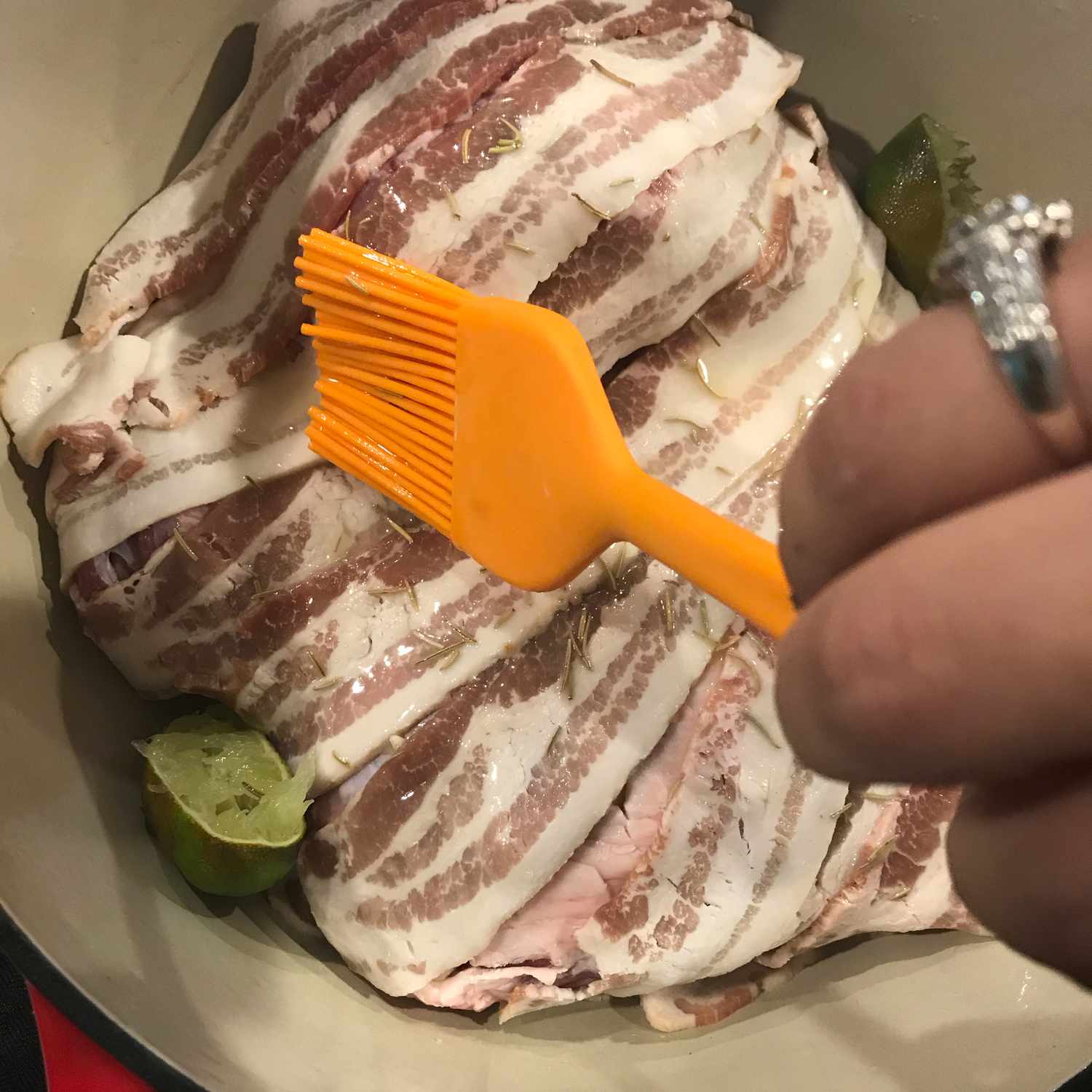 Bacon-Wrapped Lamb with Red Wine Sauce