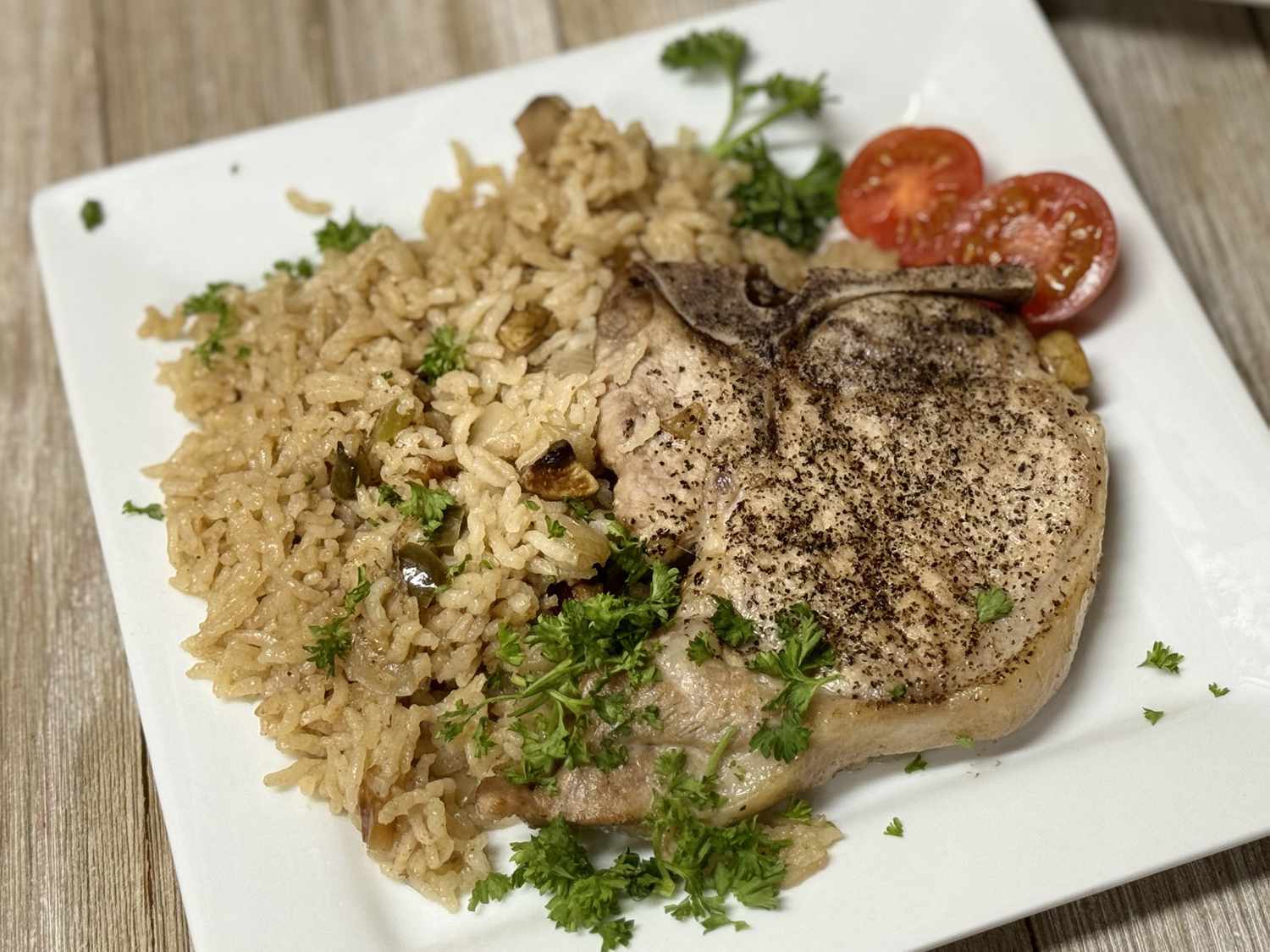 Baked Pork Chops with Caramelized Onion Rice