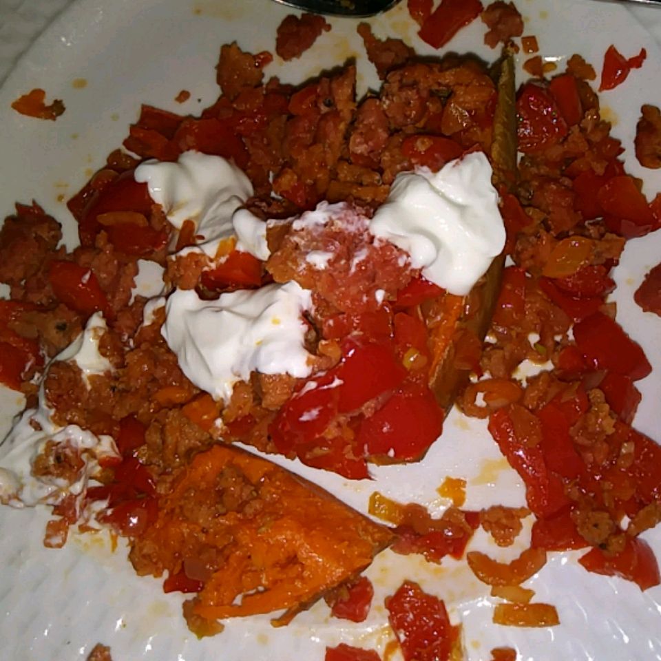 Baked Sweet Potato with Sautéed Onions and Peppers