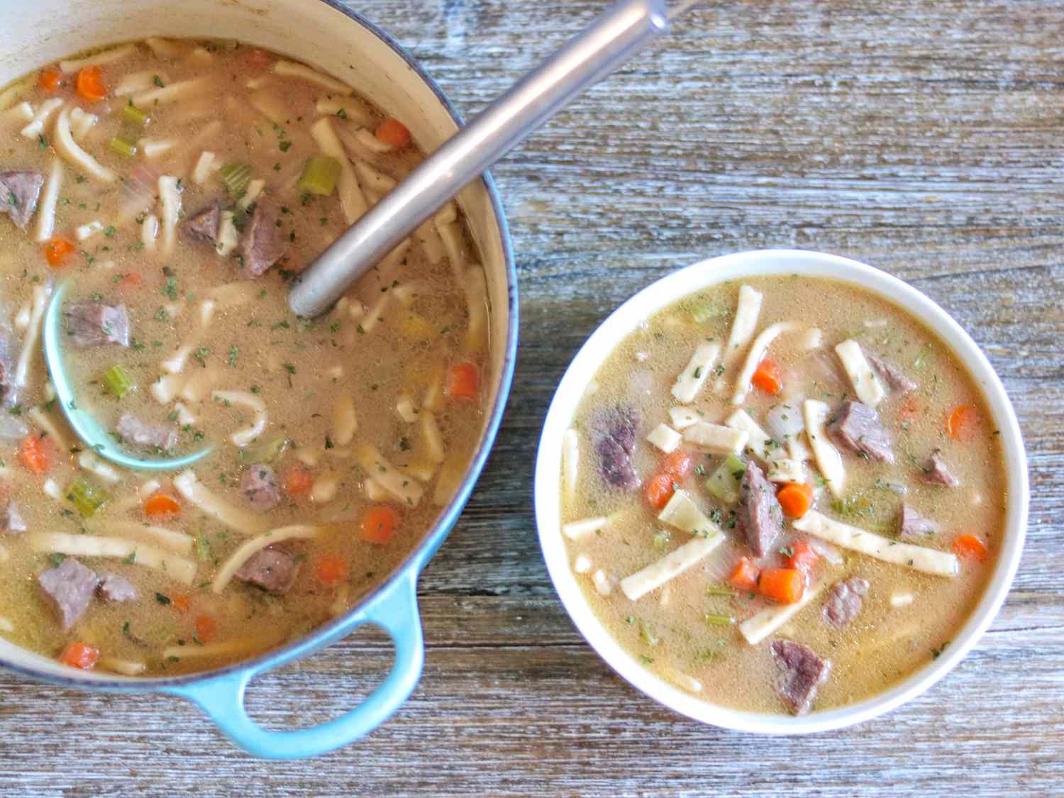 Beef and Noodle Soup with Veggies and Tender Stew Meat