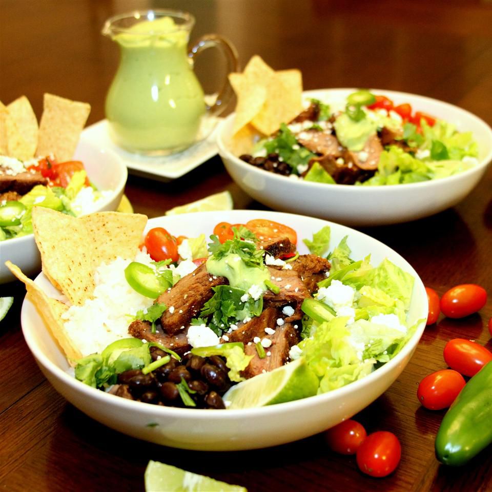 Beef Bowl with Avocado Cilantro Dressing