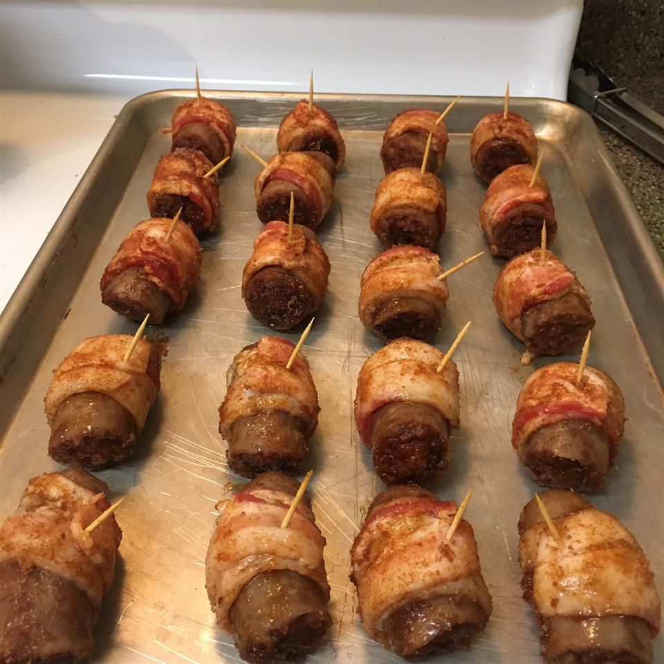 Beer-Braised Bacon-Wrapped Bratwurst