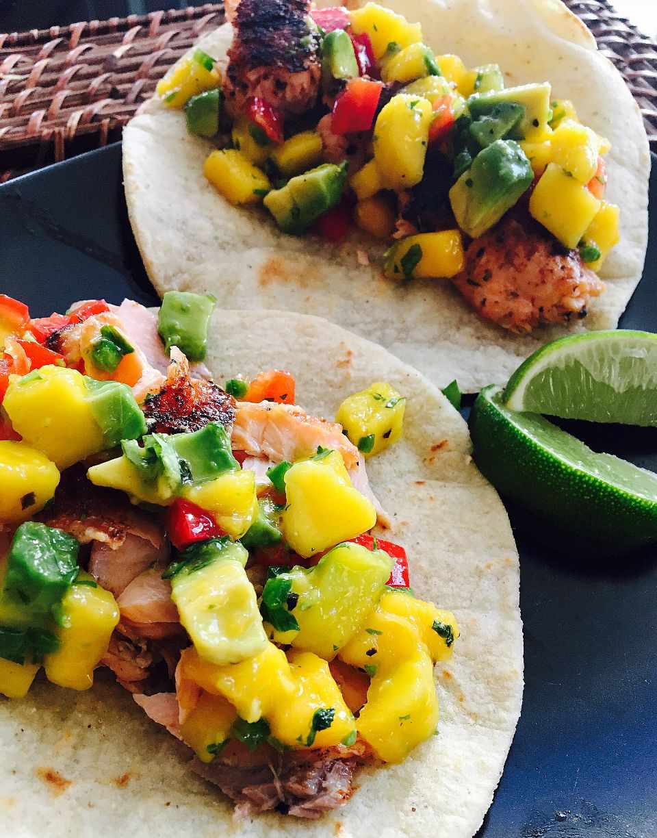 Blackened Salmon Tacos with Mango-Avocado Salsa