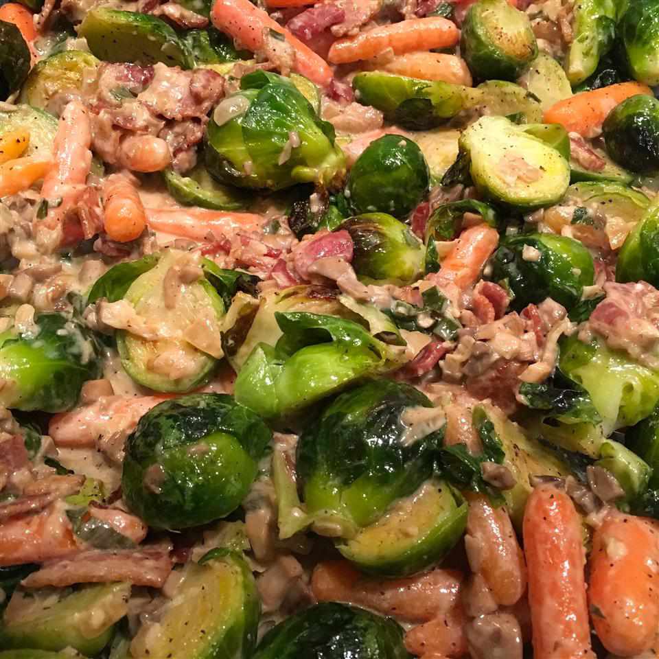 Brussels Sprouts in Bacon Sherry Cream Sauce