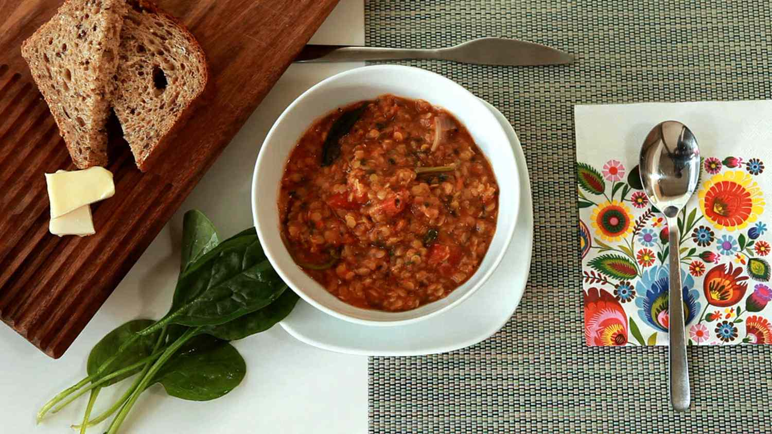 Bryan's Spicy Red Lentil Soup with Spinach