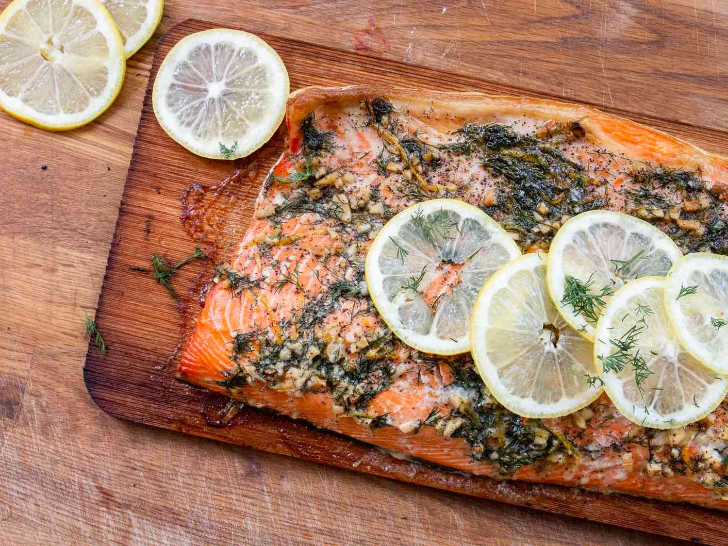 Cedar Plank Grilled Salmon with Lemon and Dill