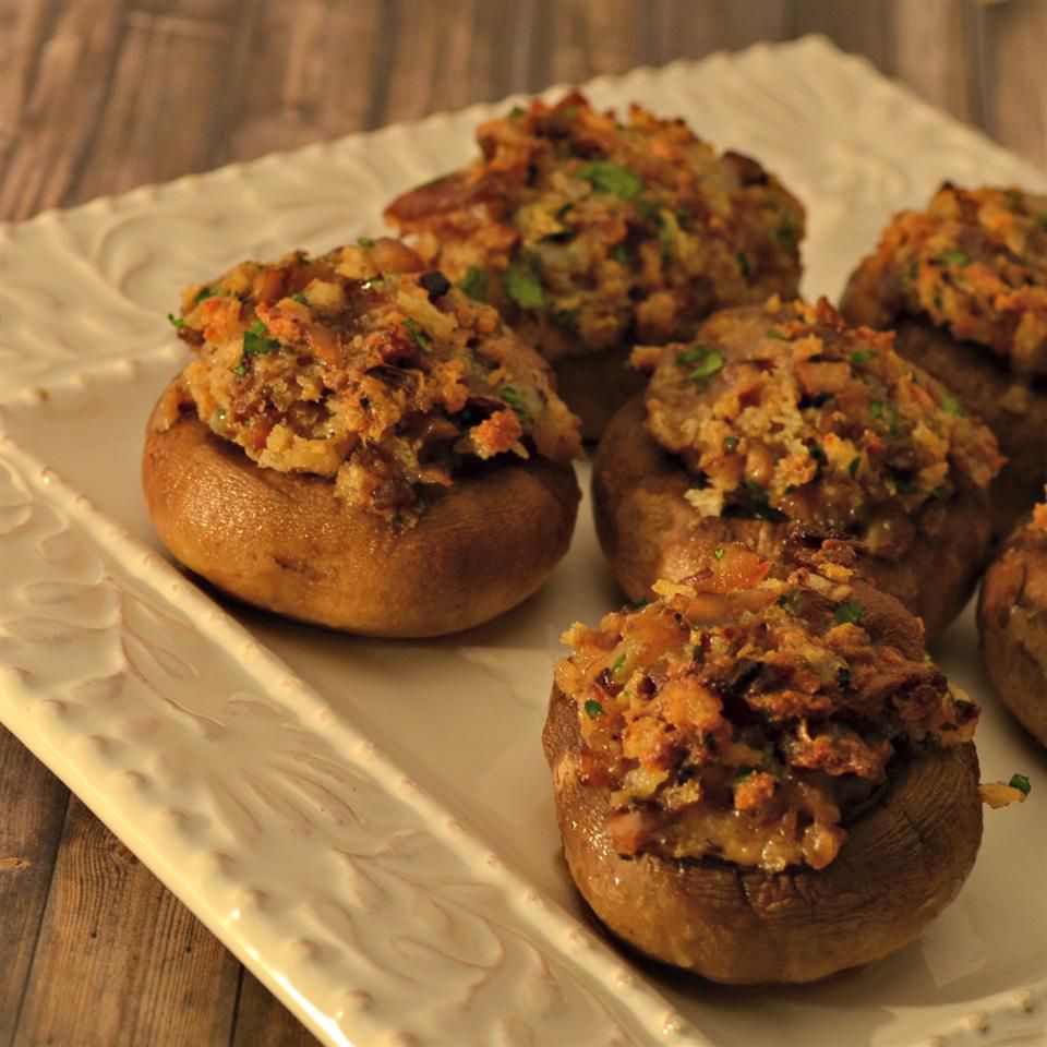 Cheesy Bacon Stuffed Mushrooms with Caramelized Onions