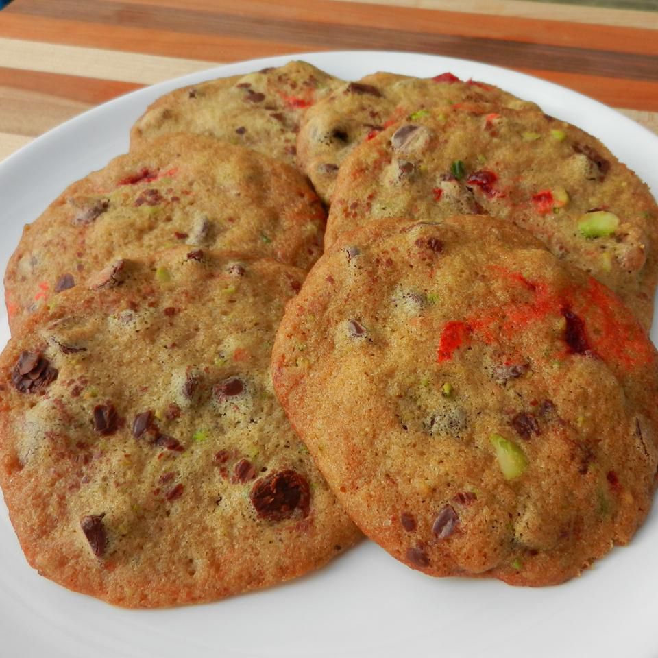 Chewy Spumoni Chocolate Chip Cookies with Cherry and Pistachio