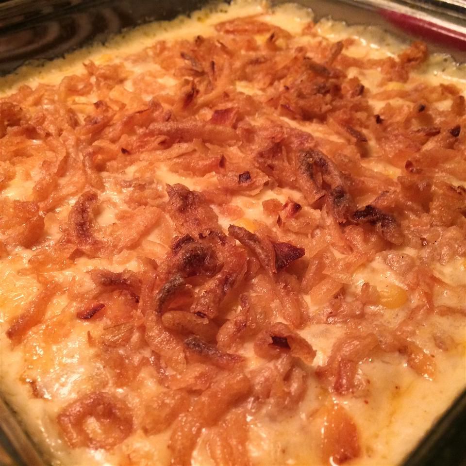 Creamy Baked Corn Casserole with Green Chiles and Fried Onions