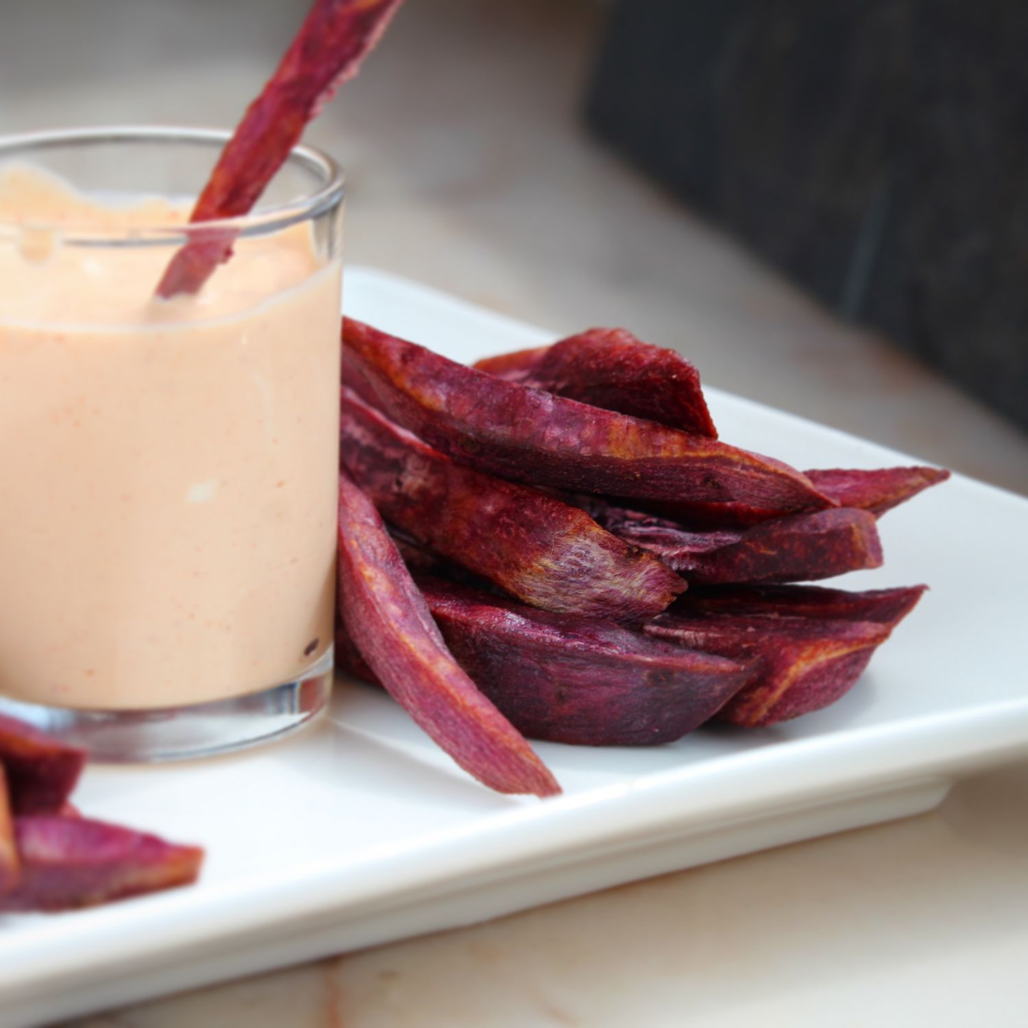Crispy Air-Fried Purple Yam Fries with Sour Cream Sriracha Dip