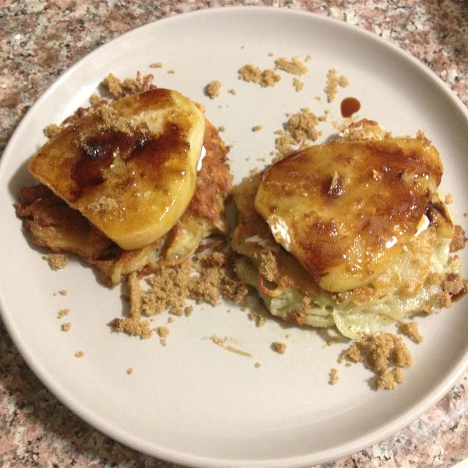 Crispy Latkes with Caramelized Pears, Goat Cheese, and Sherry Vinegar Glaze