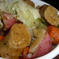 Hearty Beer Sausage with Potatoes, Carrots, and Cabbage