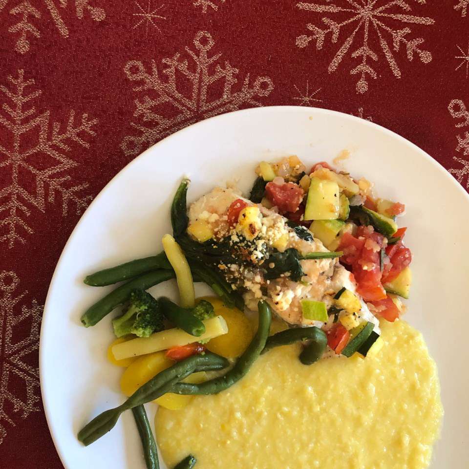 Oven-Baked Halibut Steaks with Roasted Vegetables and Feta