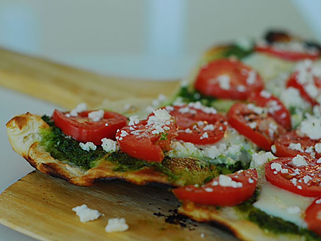 Pesto Pizza with Feta and Veggies