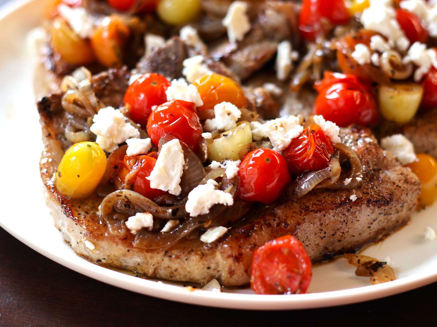 Pork Chops with Tomato, Onion, Garlic, and Feta