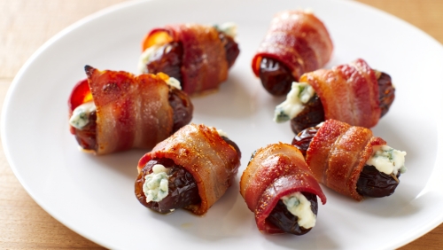 Sweet and Savory Bacon-Wrapped Dates with Blue Cheese