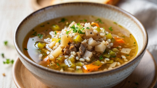 Vegetarian Rassolnik with Mushrooms and Barley