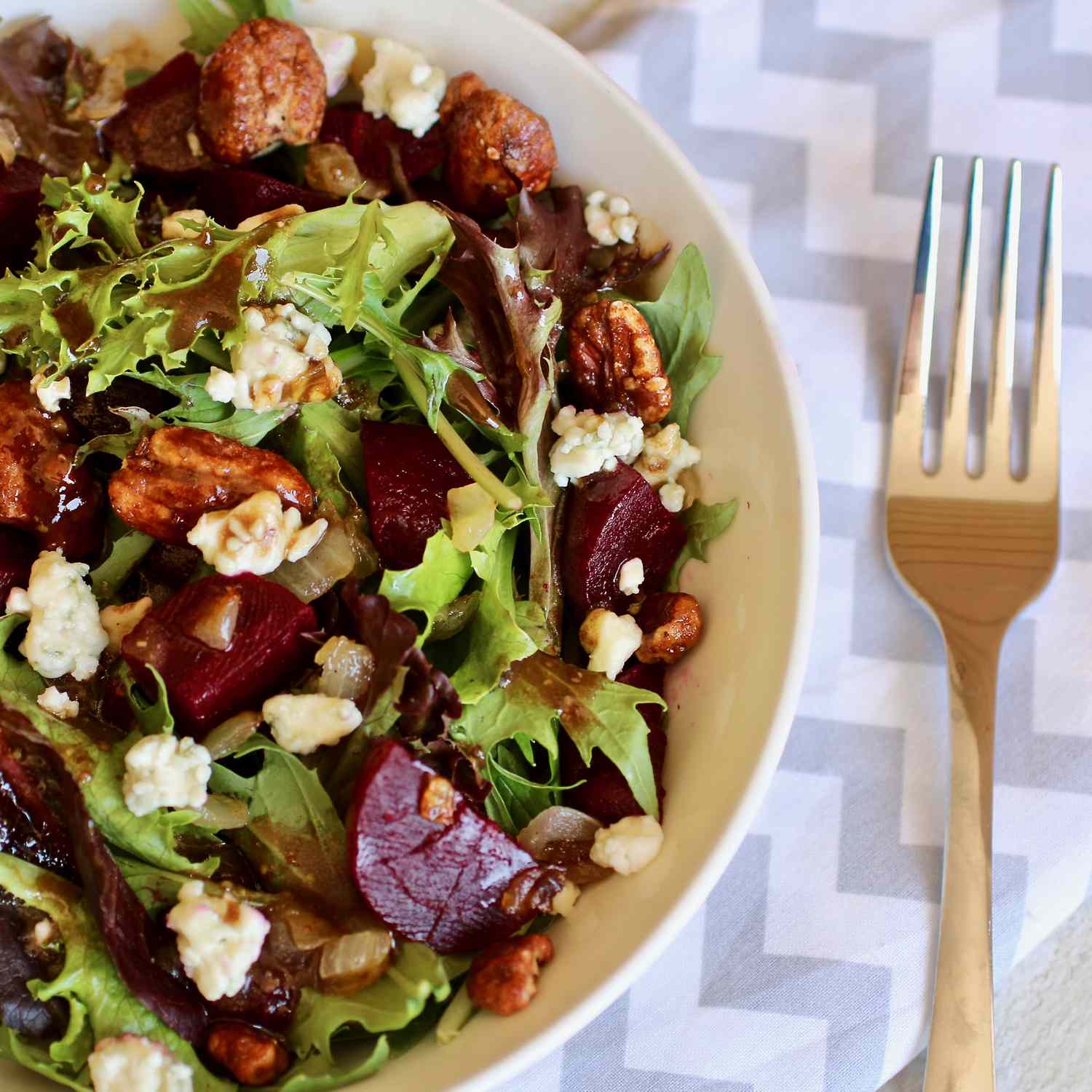 Roasted Beet Salad with Blue Cheese, Candied Pecans, and Honey-Mustard Vinaigrette