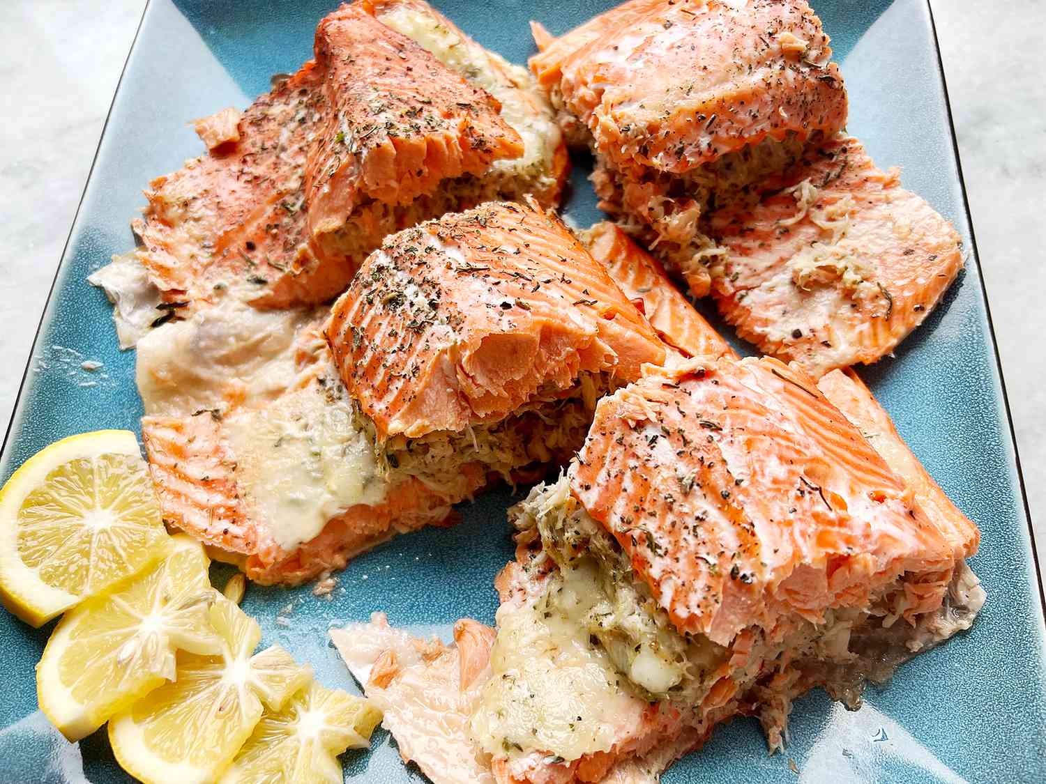 Seafood-Stuffed Salmon with Lemon Glaze