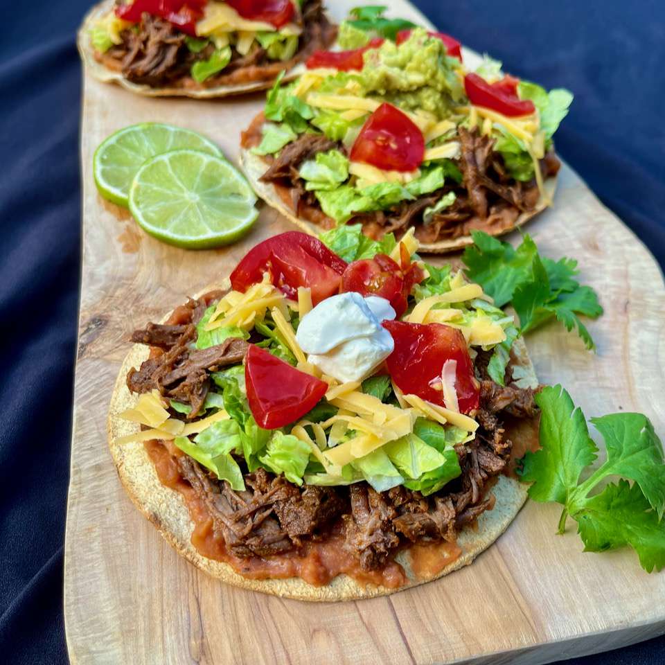 Shredded Beef Tostadas with Refried Beans