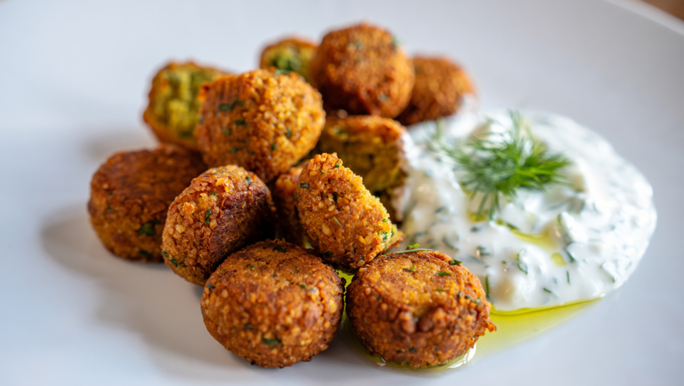 Spicy Baked Falafel with Yogurt Sauce