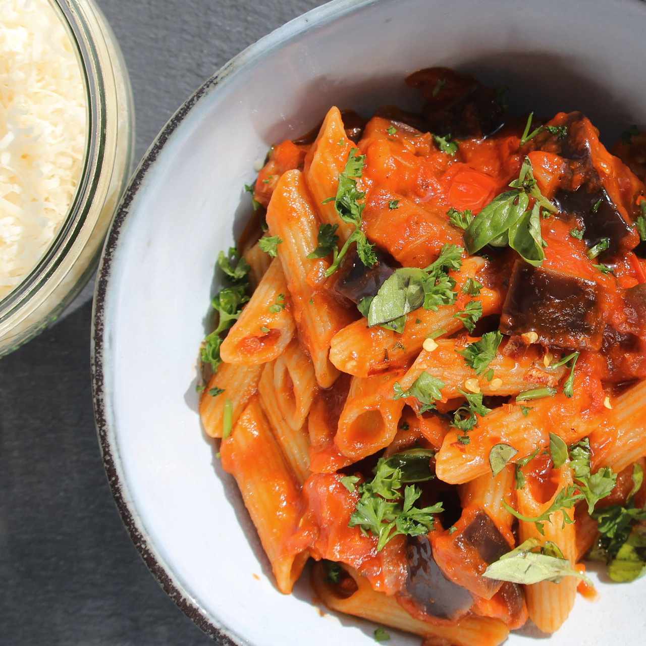 Spicy Eggplant Pasta with Pancetta