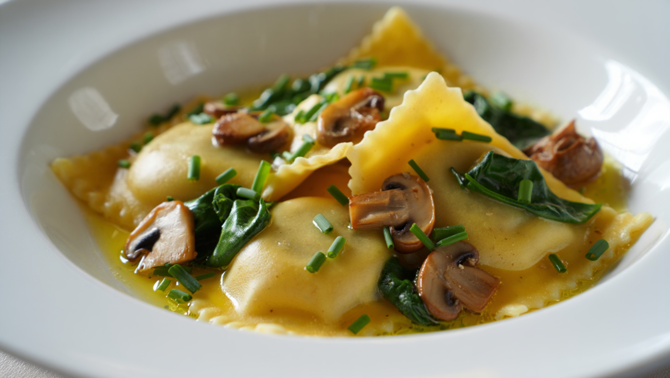 Spinach and Mushroom Ravioli with Chive Butter