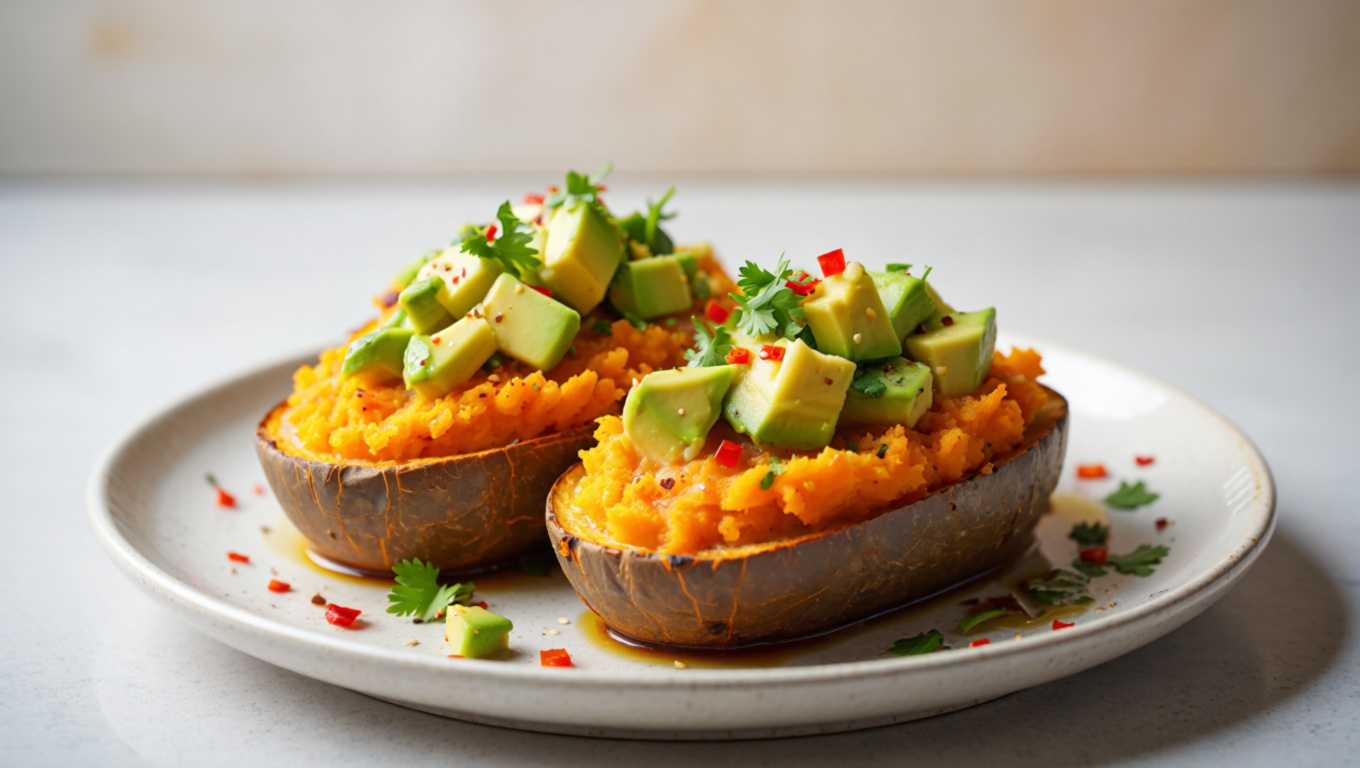 Stuffed Yams with Avocado and Spicy Topping