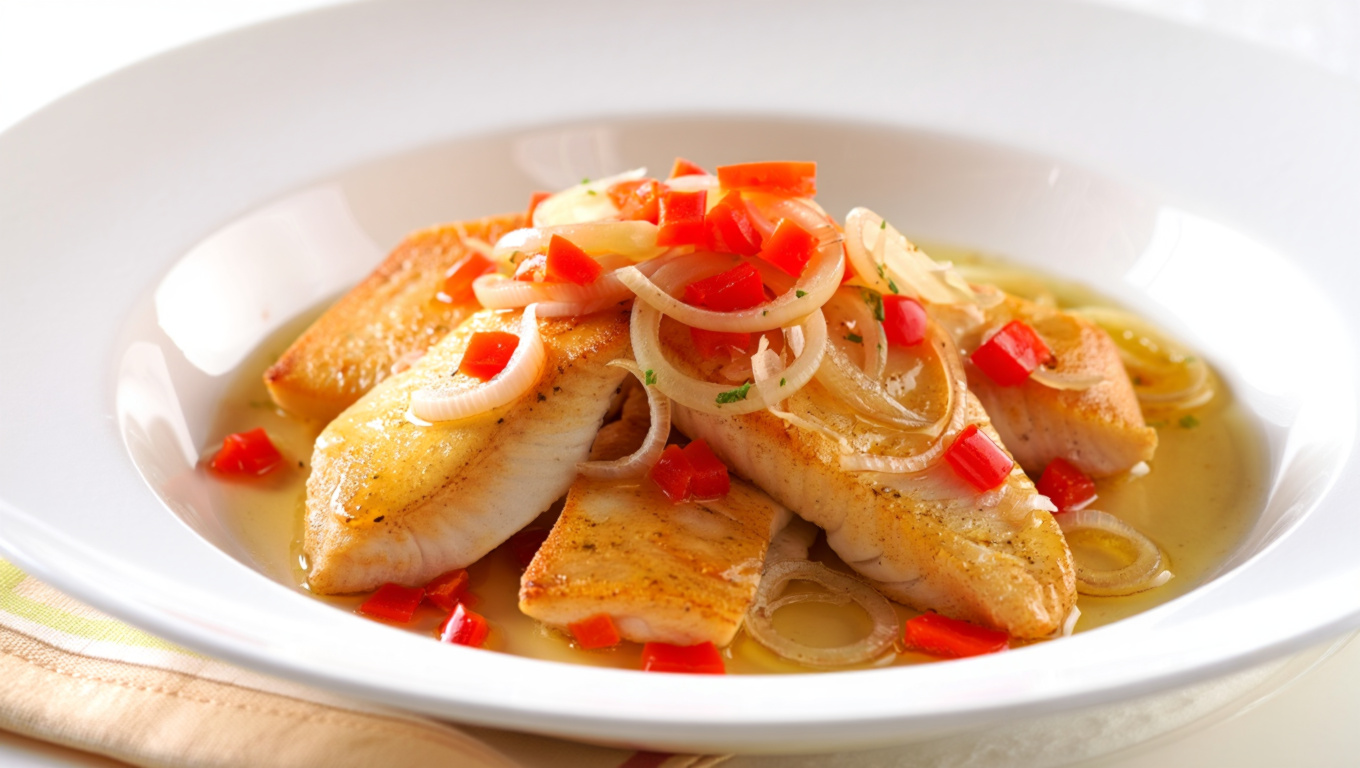Swordfish Baked in White Wine Sauce with Shallots and Bell Pepper