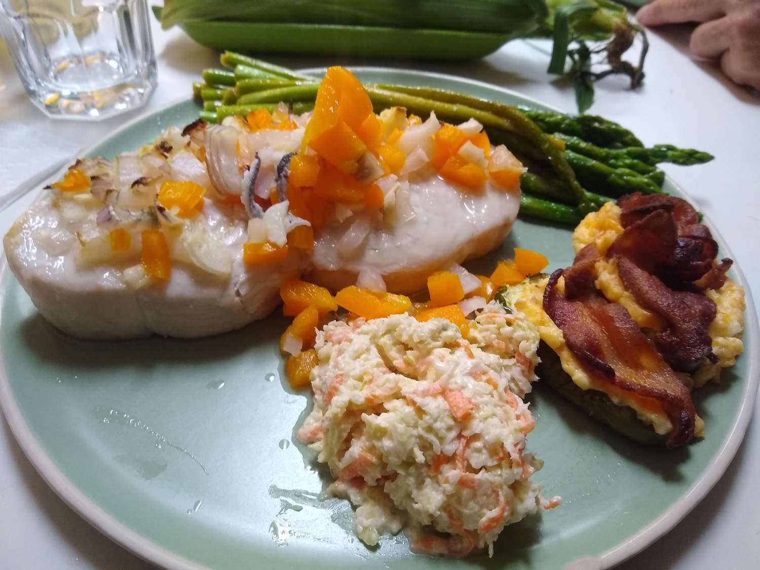 Swordfish Baked in White Wine Sauce with Shallots and Bell Pepper