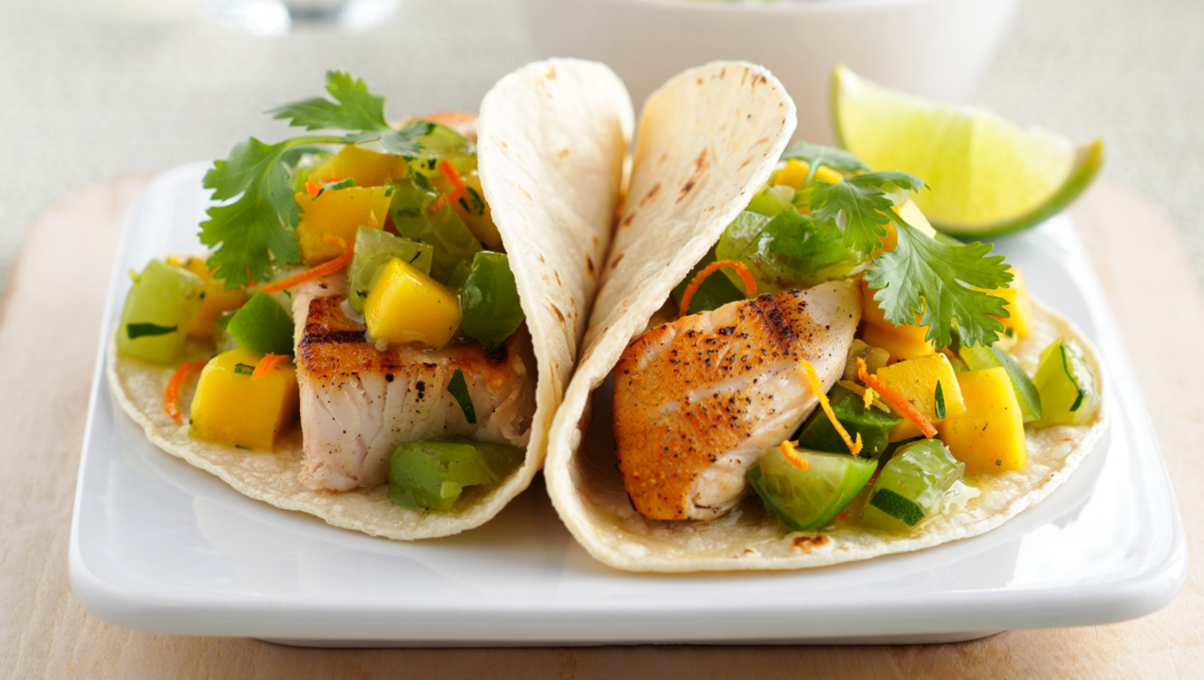 Swordfish Tacos with Tomatillo Mango Salsa