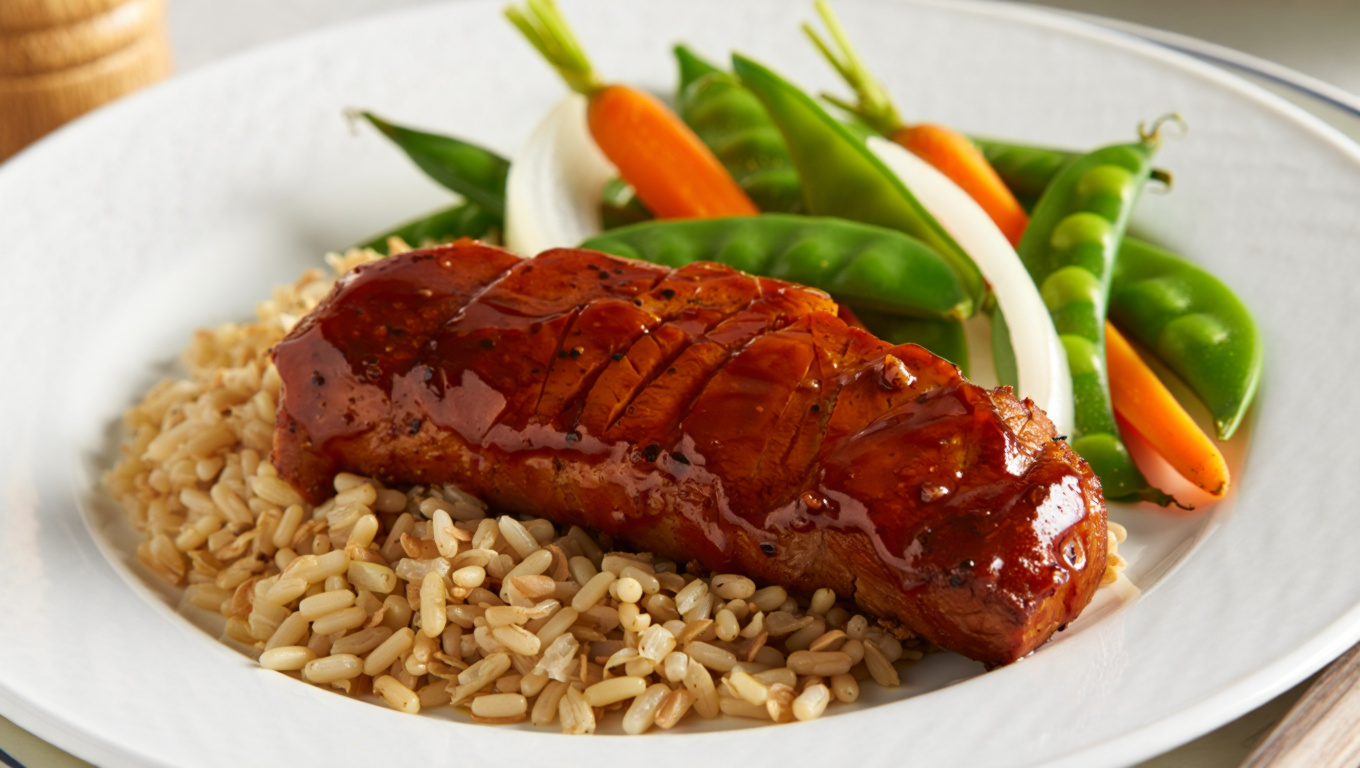 Tender Asian-Glazed Pork Tenderloin with Brown Rice and Veggies